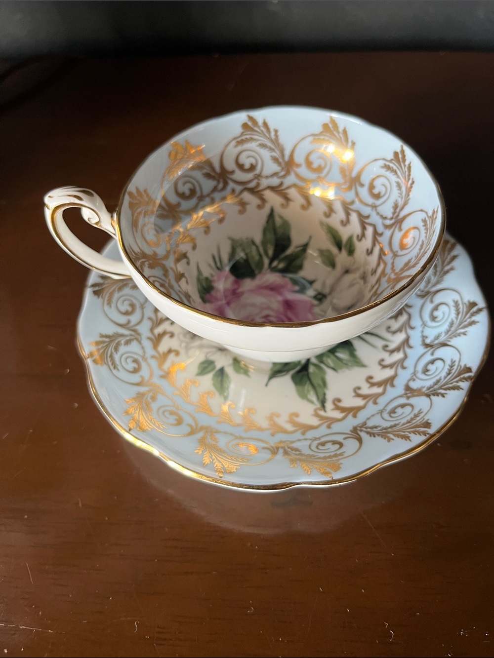 Gold-Accented White Porcelain Teacup & Saucer with Pink Rose